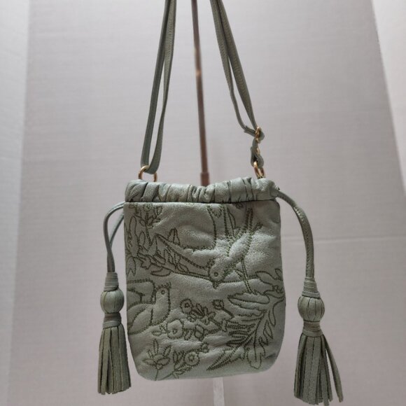 Isabella Fiore Drawstring Leather Bag Purse with Dove Design - Picture 1 of 13